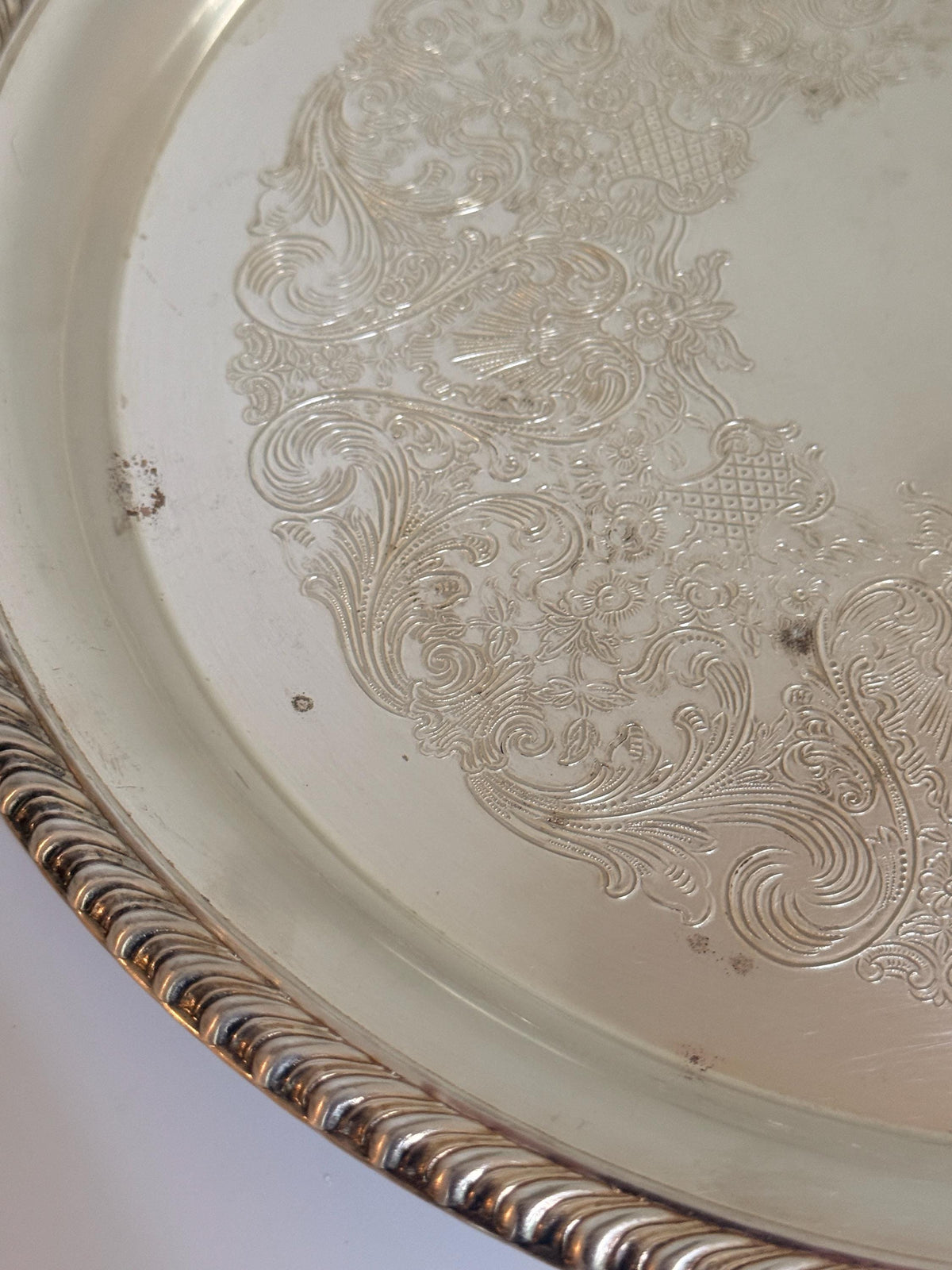 Vintage Silver Tone Embossed Floral Serving Tray, Rope Edge Bar Decor