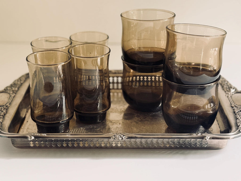 Vintage Smoky Brown Glasses, Set of 8, Small Juice & Rocks Glasses,  Retro Smoke Glass Barware