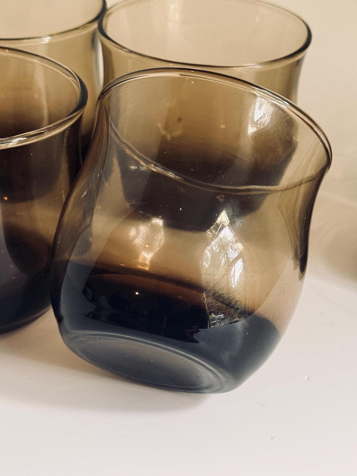 Vintage Smoky Brown Glasses, Set of 8, Small Juice & Rocks Glasses,  Retro Smoke Glass Barware