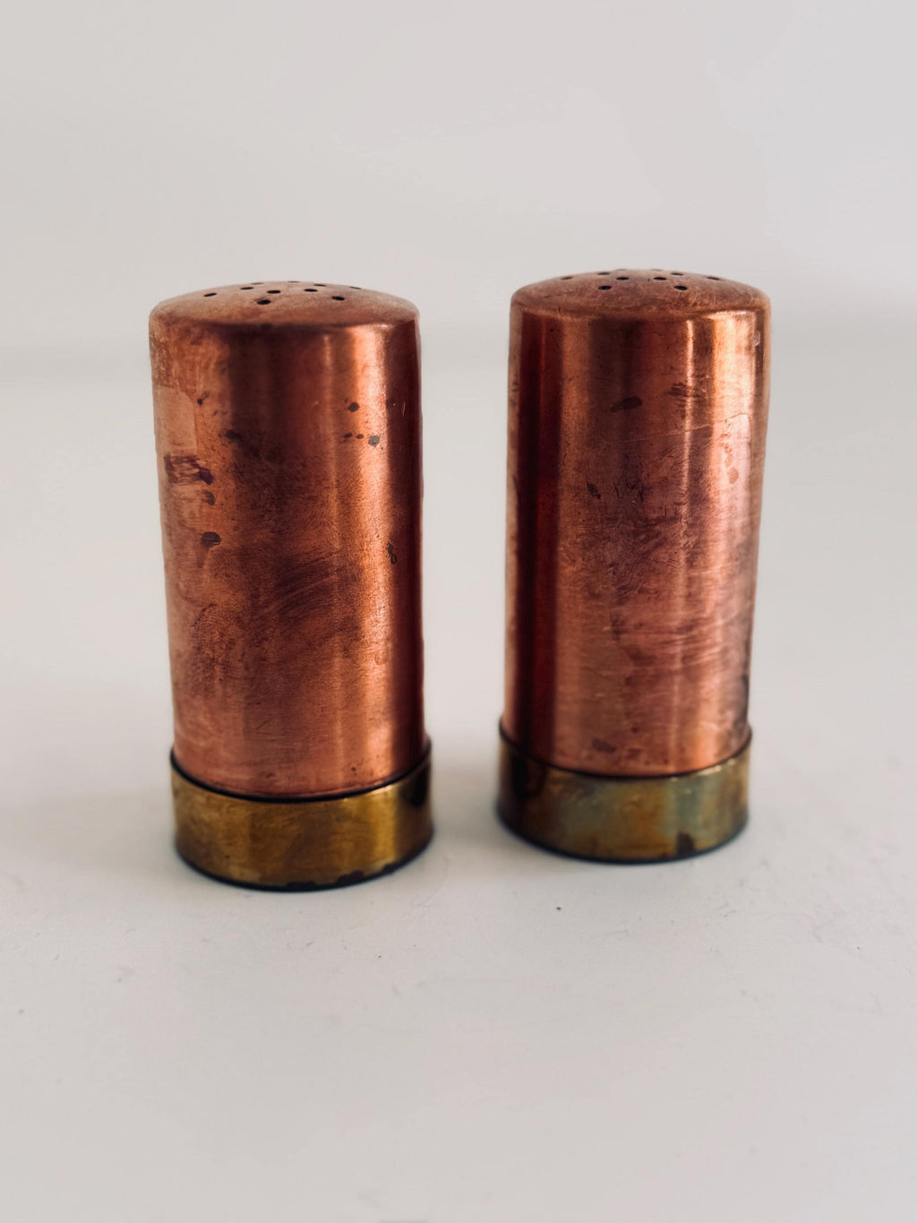 Vintage Copper Salt & Pepper Shakers, Brass Base Tableware