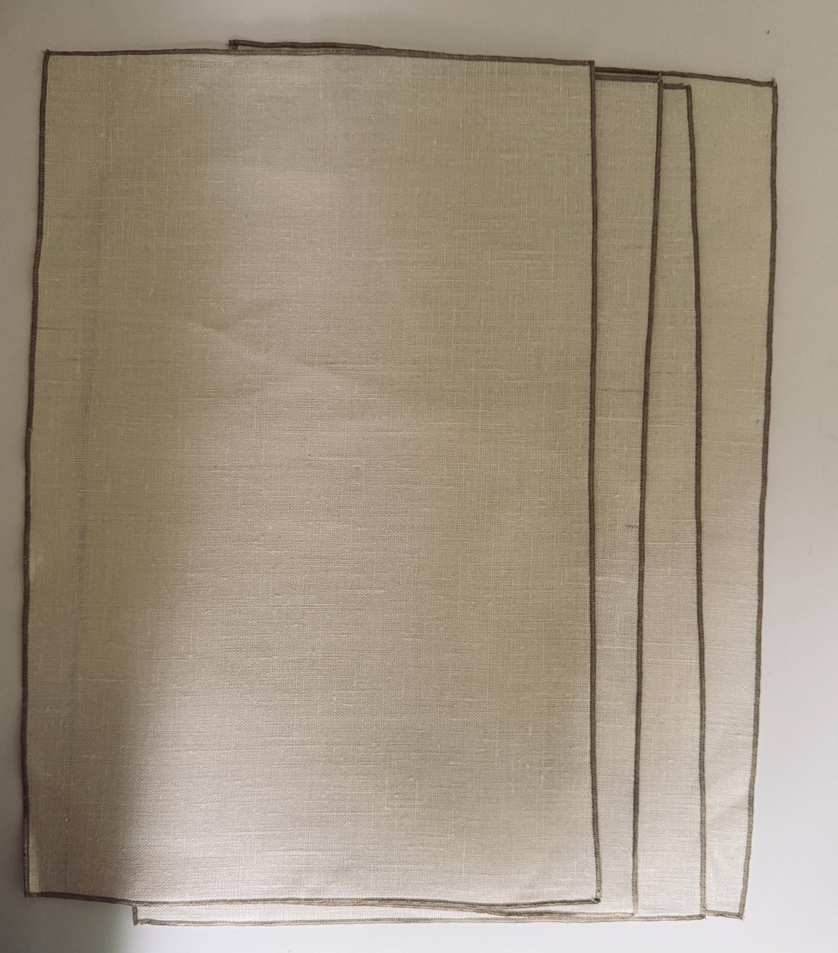Neutral Woven Placemats, Set of 4, Oatmeal Beige Table Linens with Brown Stitched Border