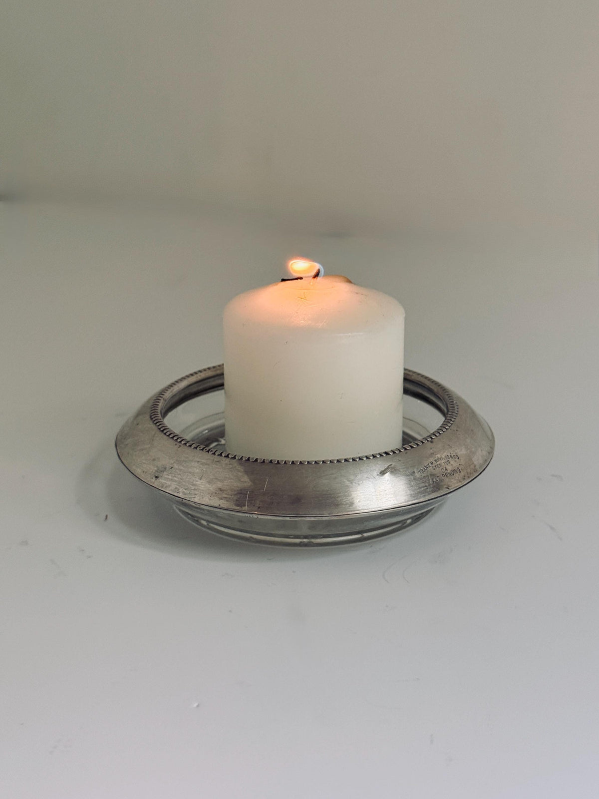 Vintage Danish Silverplate & Glass Ashtray, Silver Candle Holder, Beaded Edge Table Decor