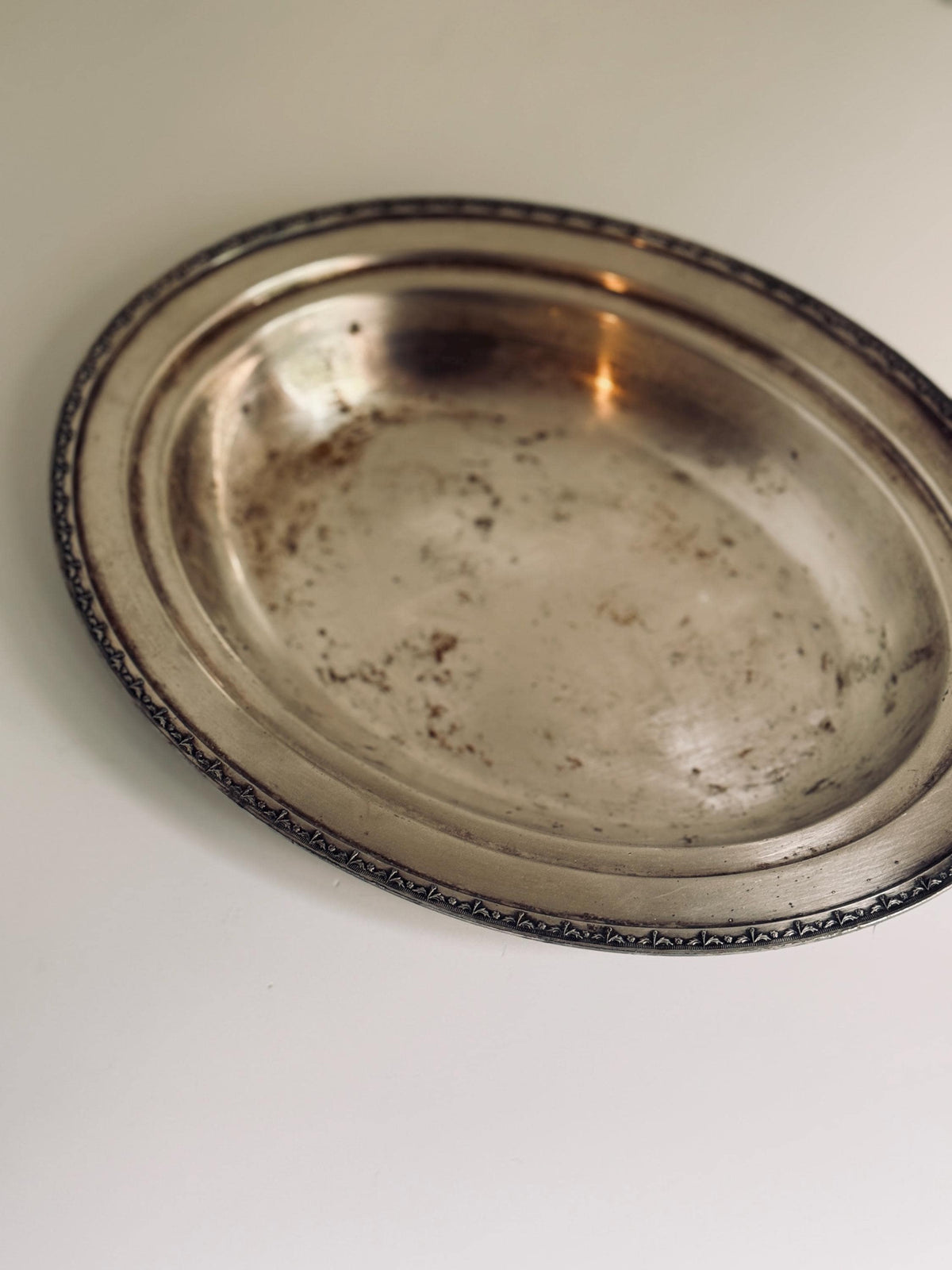 Vintage Silverplate Oval Serving Bowl, Floral Border Centerpiece Bowl, Aged Silver Tableware