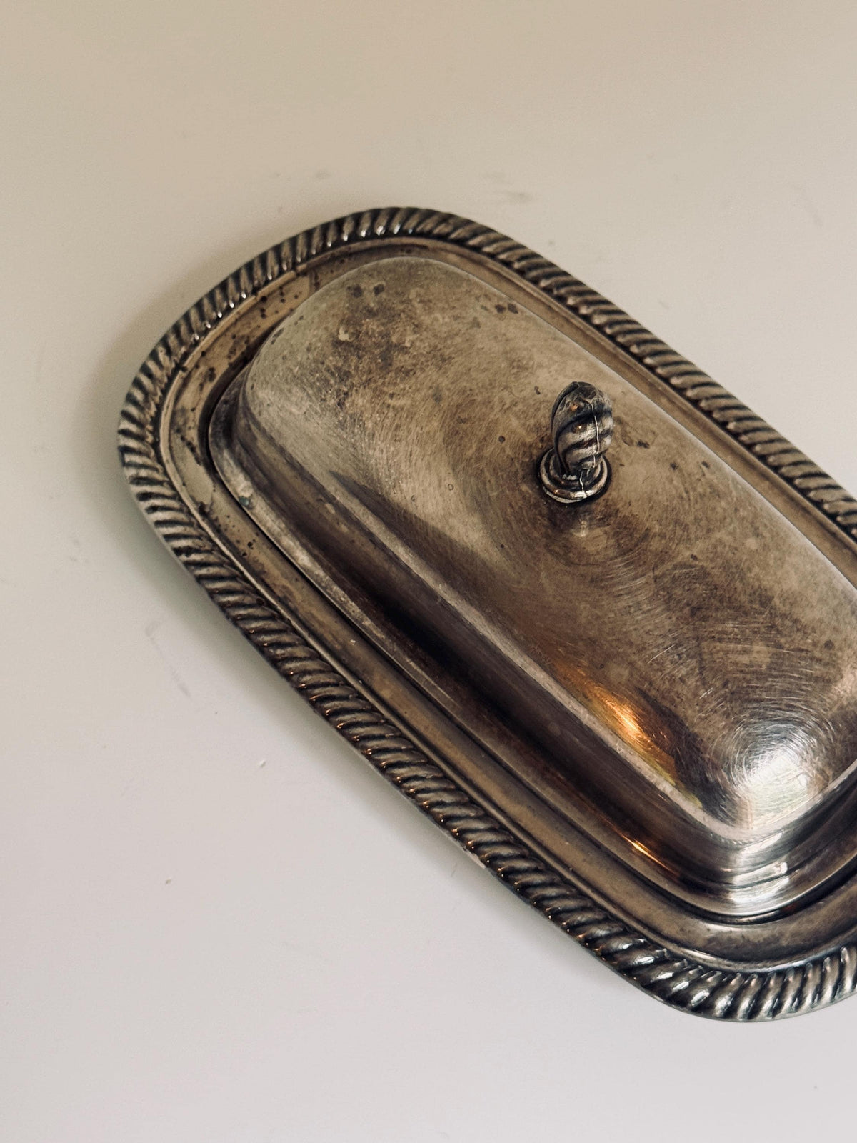 Vintage Silver Tone Covered Butter Dish, Rope Edge Butter Server, Lidded Tableware