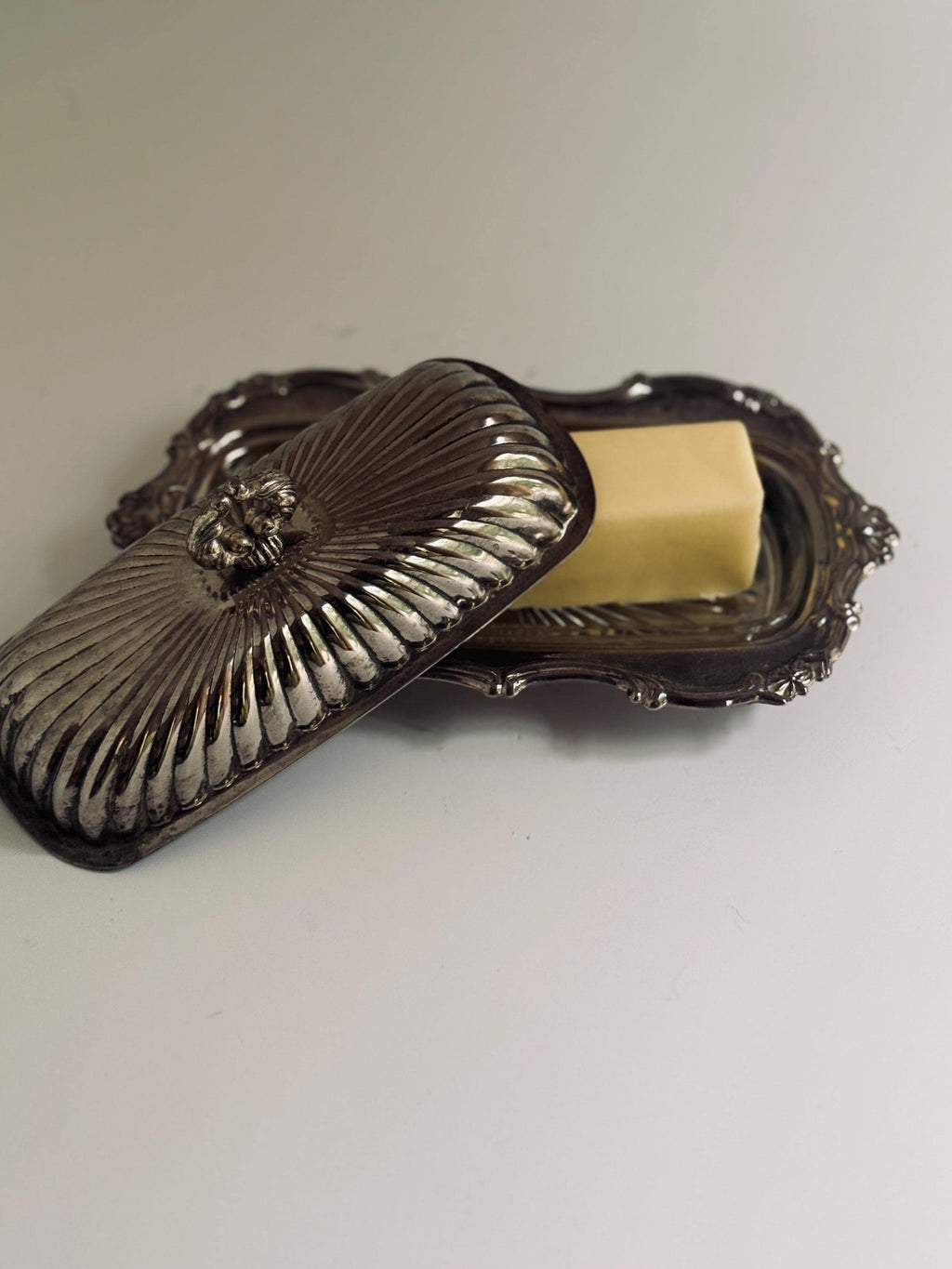 Vintage Silver Tone Covered Butter Dish, Glass Insert, Ornate Ribbed Dome Butter Server