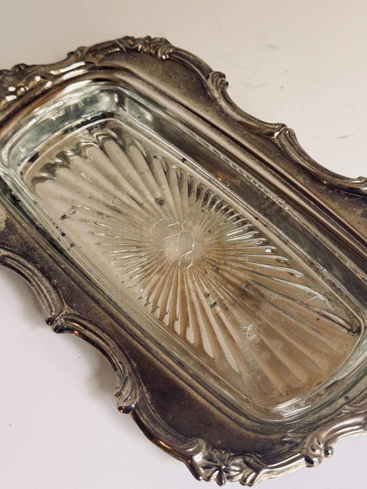 Vintage Silver Tone Covered Butter Dish, Glass Insert, Ornate Ribbed Dome Butter Server