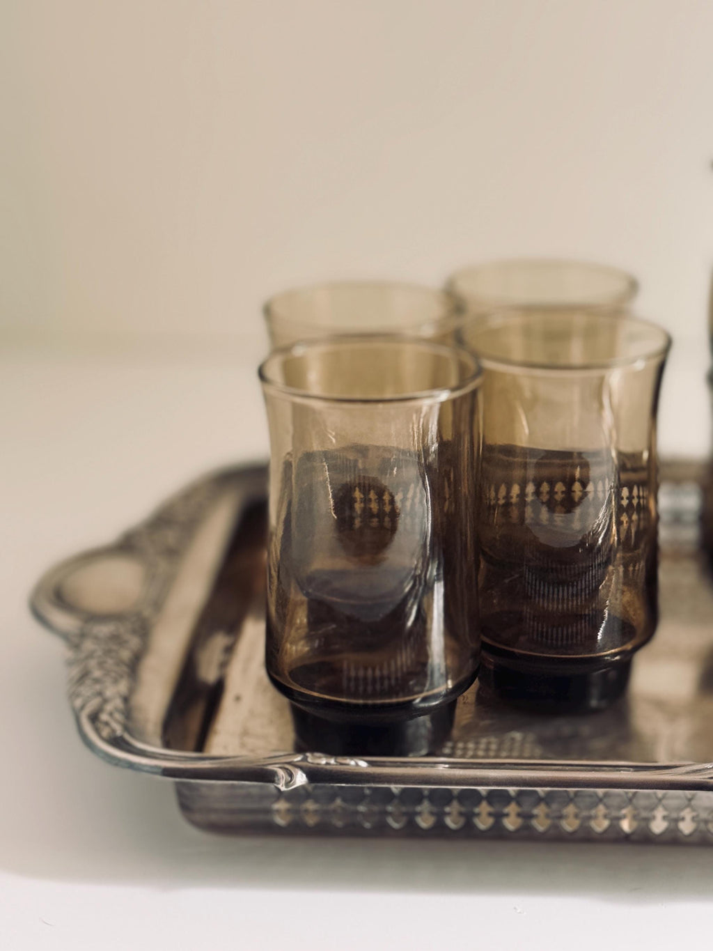 Vintage Smoky Brown Glasses, Set of 8, Small Juice & Rocks Glasses,  Retro Smoke Glass Barware