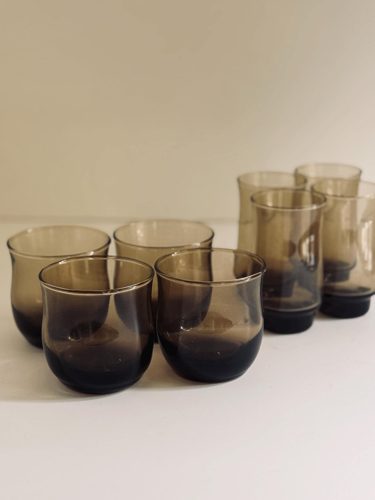 Vintage Smoky Brown Glasses, Set of 8, Small Juice & Rocks Glasses,  Retro Smoke Glass Barware