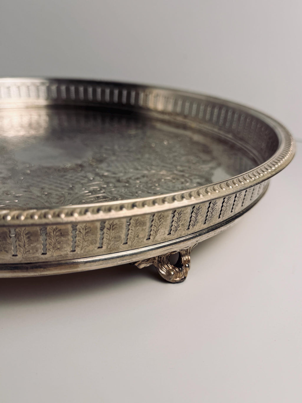 Vintage Round Silverplate Gallery Tray, Footed Pierced Rim Cocktail Tray