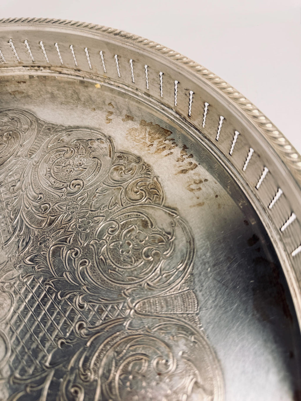 Vintage Round Silverplate Gallery Tray, Footed Pierced Rim Cocktail Tray