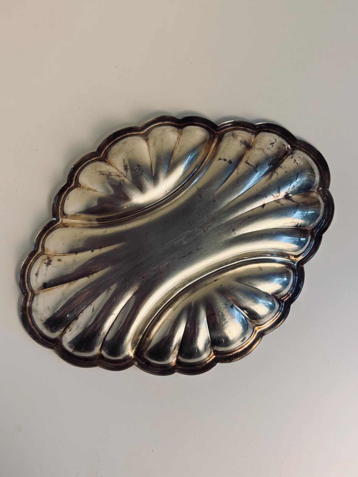 Vintage Scalloped Divided Serving Platter, Silverplate Style Appetizer Tray