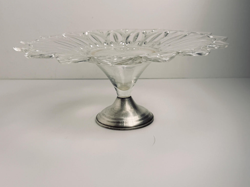 Duchin Creations Glass Cake Stand, Vintage Silver Tone Pedestal, Scalloped Floral Dessert Plate