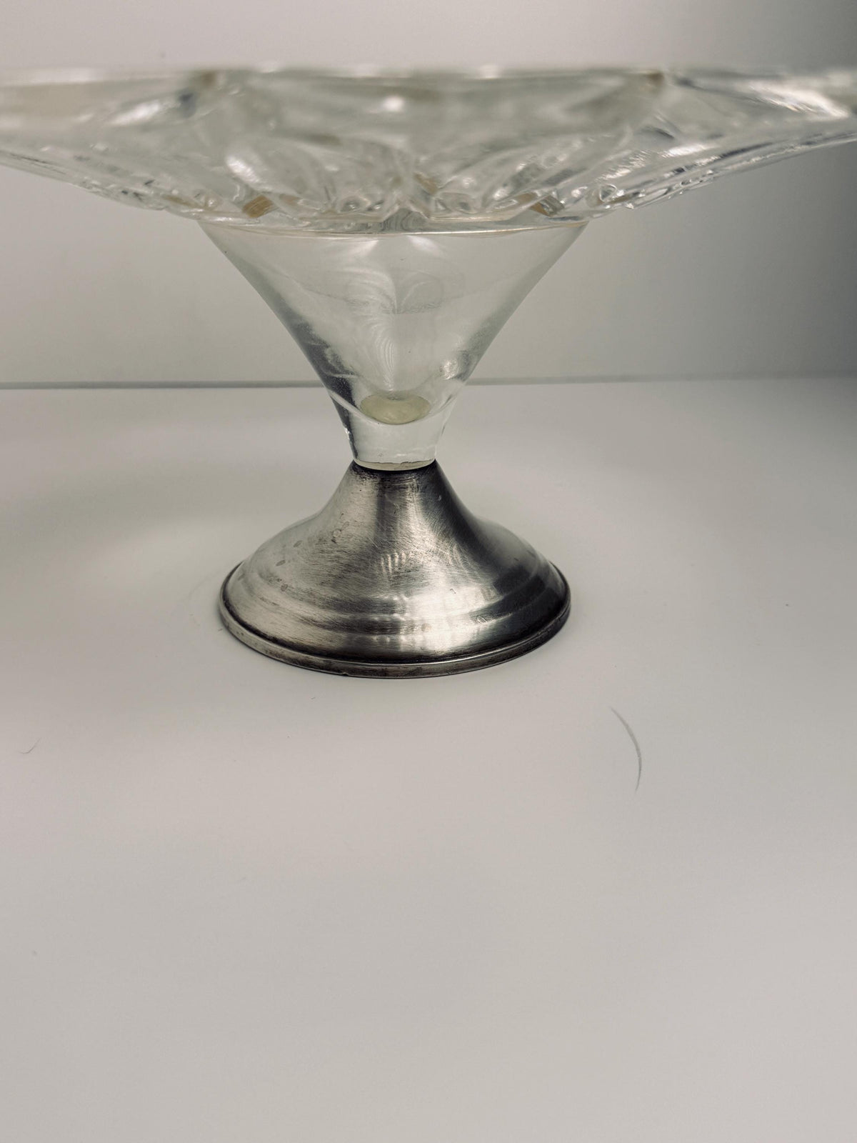 Duchin Creations Glass Cake Stand, Vintage Silver Tone Pedestal, Scalloped Floral Dessert Plate