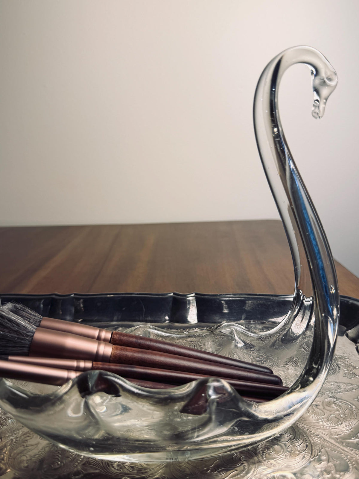 Handblown Clear Glass Swan Bowl, Sculptural Art Glass Dish, Vintage Swan Centerpiece