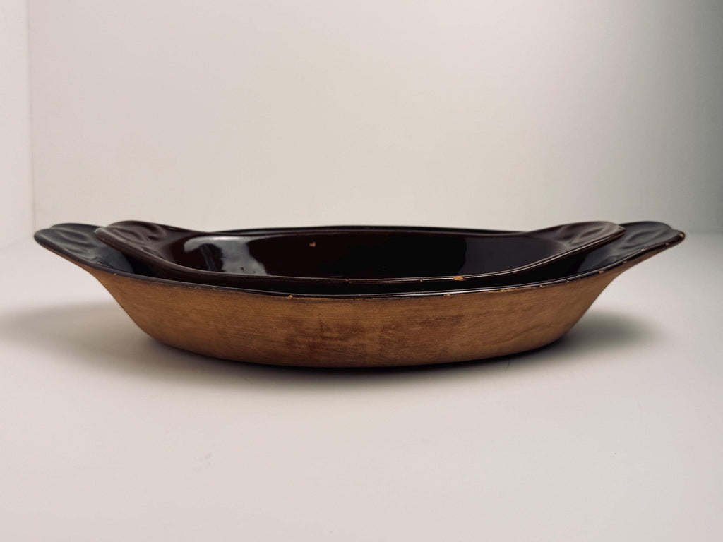 Large Brown Glazed Terracotta Oval Bowl, Rustic Pottery Dish