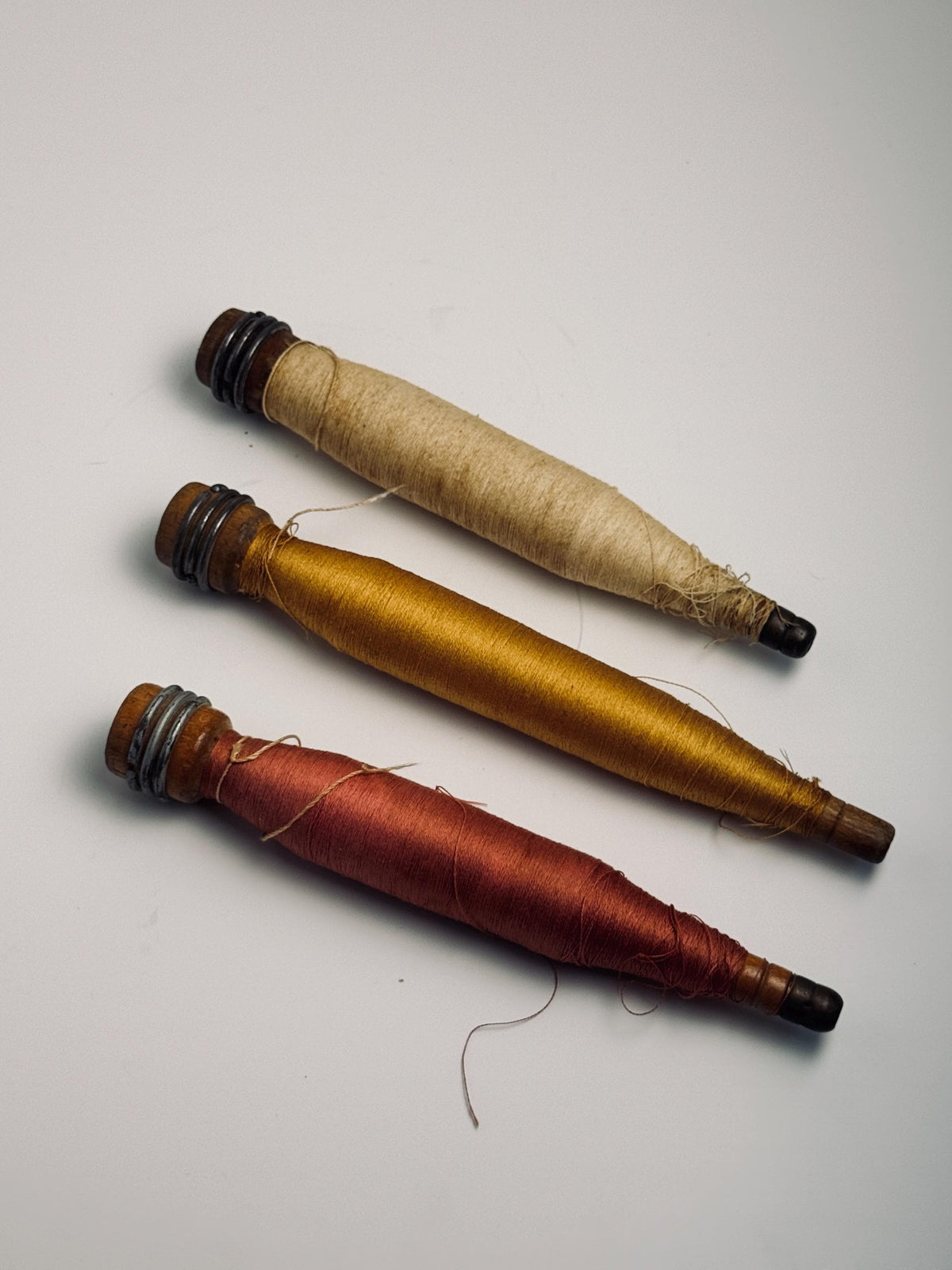 Set of Three Vintage Textile Thread Bobbins, Wooden Industrial Spools