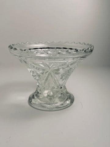 Vintage Pressed Glass Pedestal Bowl, Clear Starburst Glass Compote, Scalloped Rim
