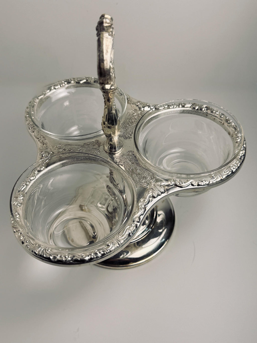 Vintage Three Bowl Relish Server, Ornate Silver Tone Condiment Caddy, Glass Insert Bowls