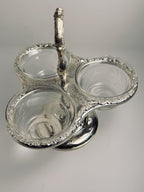 Vintage Three Bowl Relish Server, Ornate Silver Tone Condiment Caddy, Glass Insert Bowls