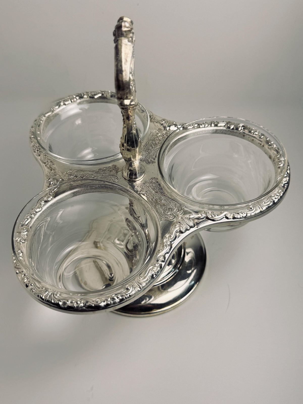 Vintage Three Bowl Relish Server, Ornate Silver Tone Condiment Caddy, Glass Insert Bowls