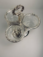 Vintage Three Bowl Relish Server, Ornate Silver Tone Condiment Caddy, Glass Insert Bowls