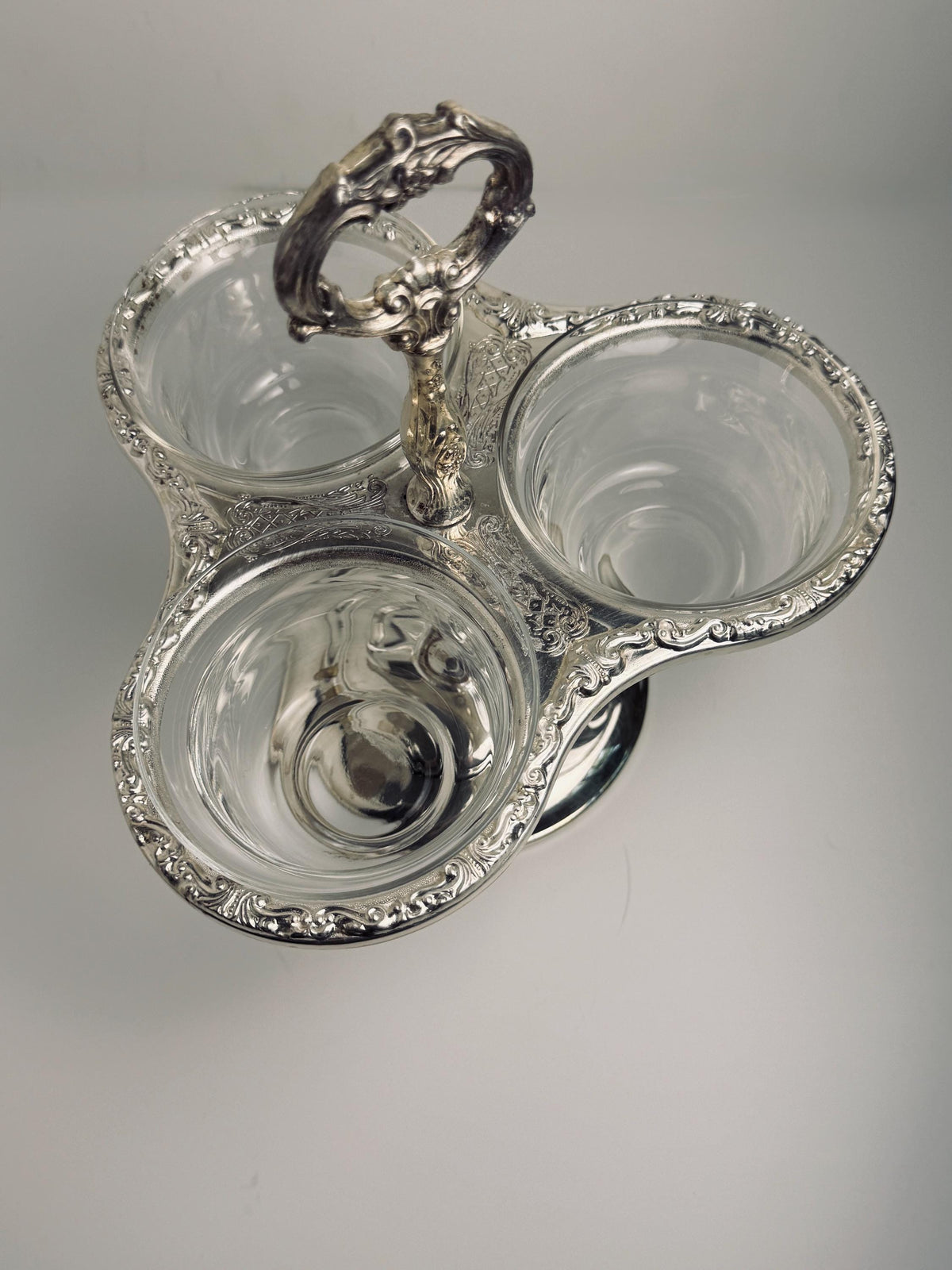Vintage Three Bowl Relish Server, Ornate Silver Tone Condiment Caddy, Glass Insert Bowls