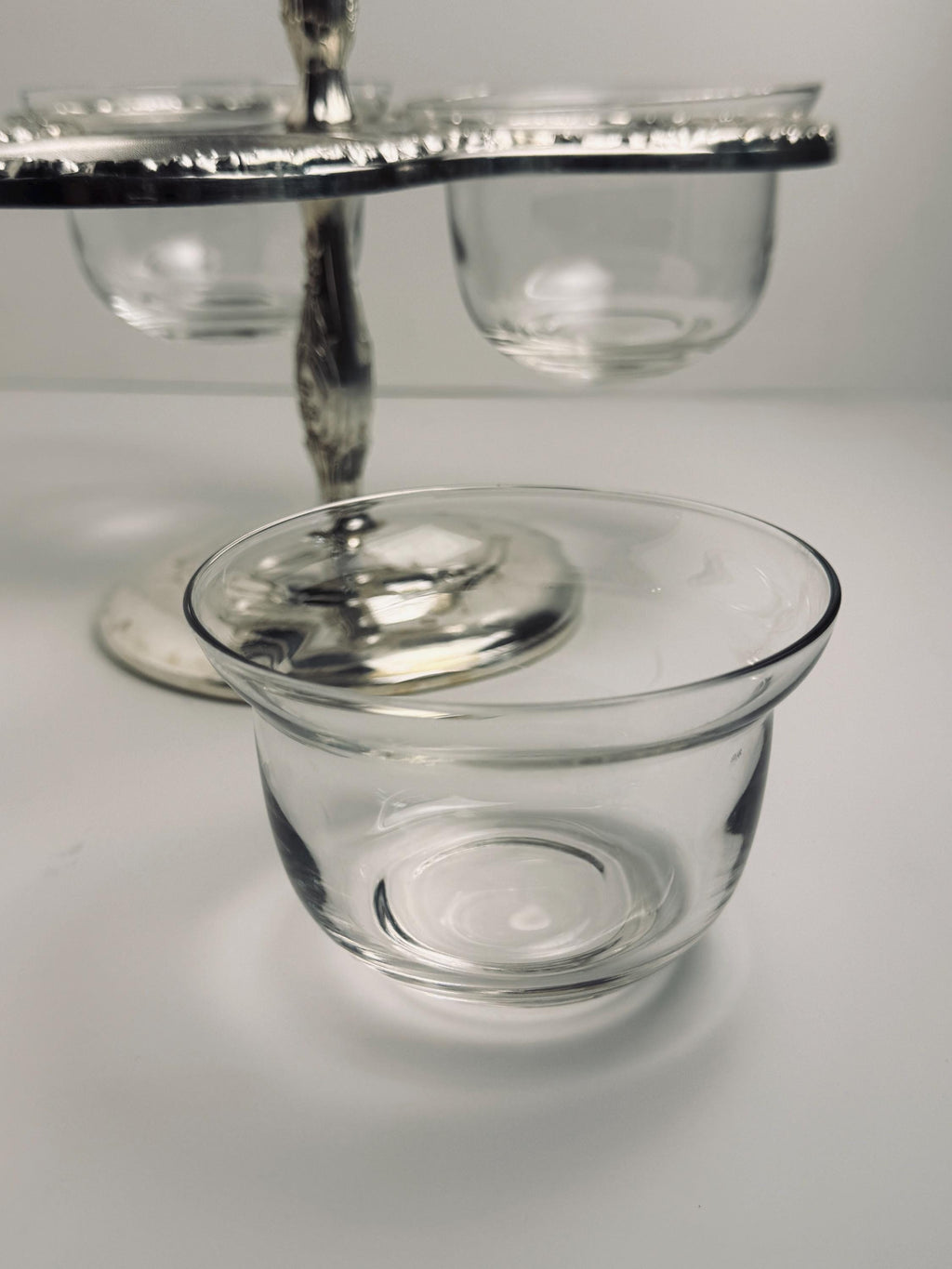 Vintage Three Bowl Relish Server, Ornate Silver Tone Condiment Caddy, Glass Insert Bowls