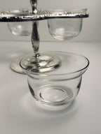 Vintage Three Bowl Relish Server, Ornate Silver Tone Condiment Caddy, Glass Insert Bowls