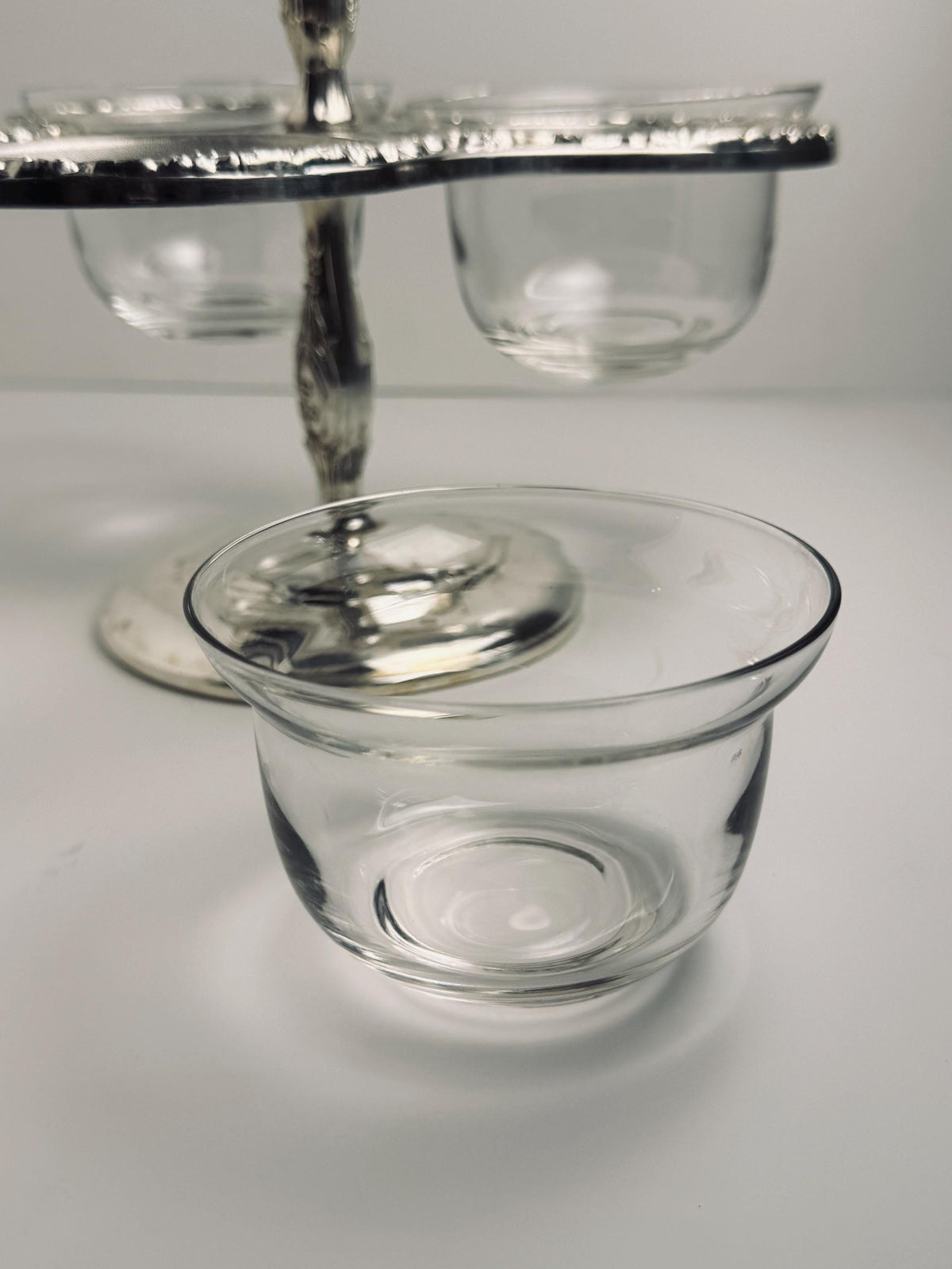 Vintage Three Bowl Relish Server, Ornate Silver Tone Condiment Caddy, Glass Insert Bowls