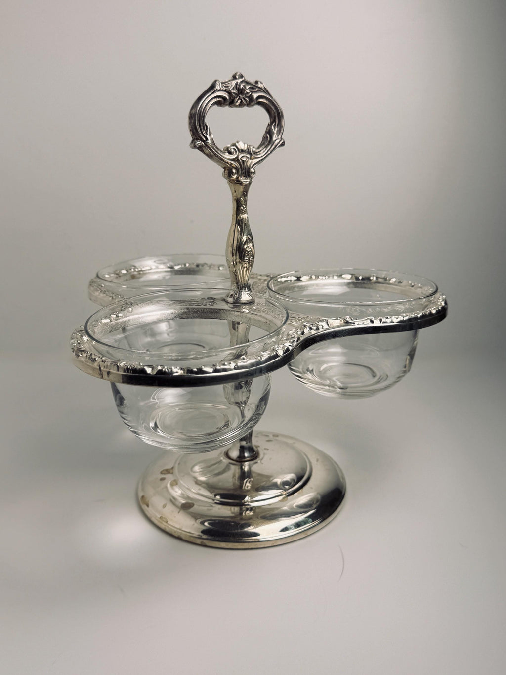 Vintage Three Bowl Relish Server, Ornate Silver Tone Condiment Caddy, Glass Insert Bowls