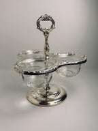 Vintage Three Bowl Relish Server, Ornate Silver Tone Condiment Caddy, Glass Insert Bowls
