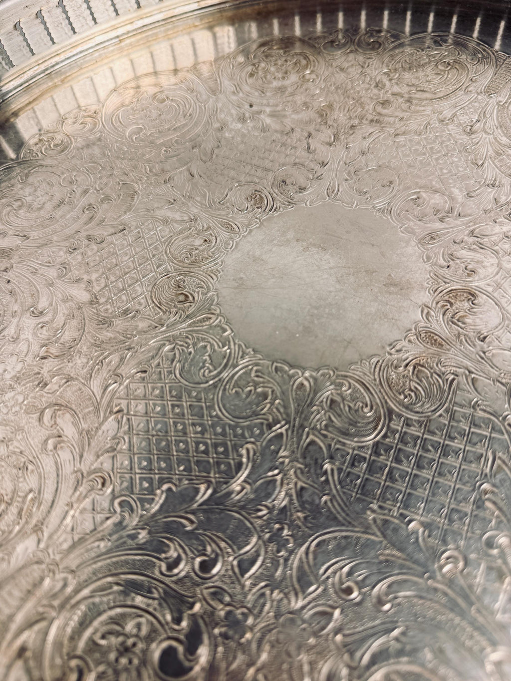 Vintage Round Silverplate Gallery Tray, Footed Pierced Rim Cocktail Tray
