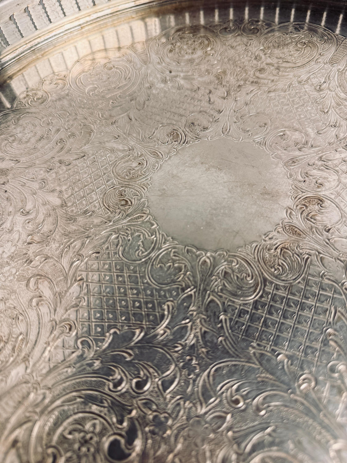 Vintage Round Silverplate Gallery Tray, Footed Pierced Rim Cocktail Tray