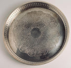 Vintage Round Silverplate Gallery Tray, Footed Pierced Rim Cocktail Tray
