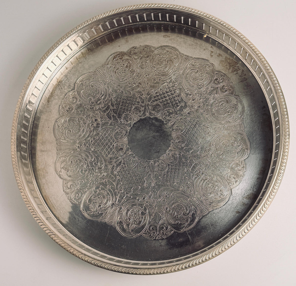 Vintage Round Silverplate Gallery Tray, Footed Pierced Rim Cocktail Tray
