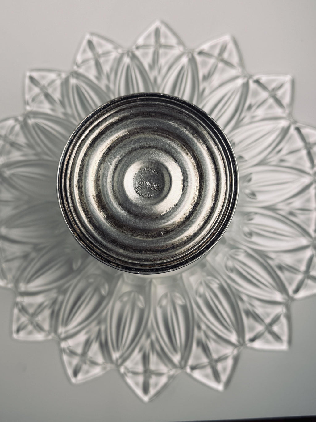 Duchin Creations Glass Cake Stand, Vintage Silver Tone Pedestal, Scalloped Floral Dessert Plate