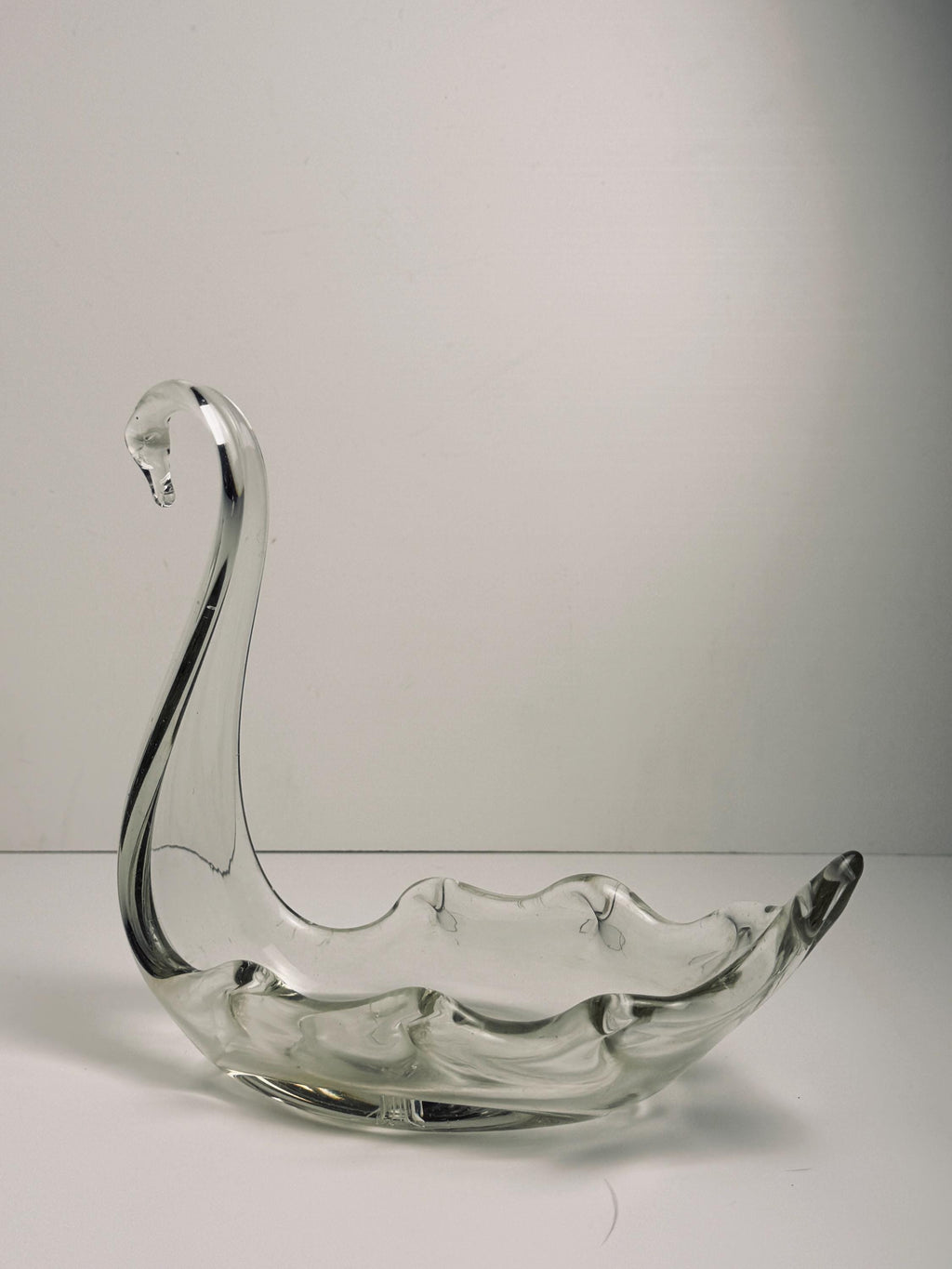 Handblown Clear Glass Swan Bowl, Sculptural Art Glass Dish, Vintage Swan Centerpiece