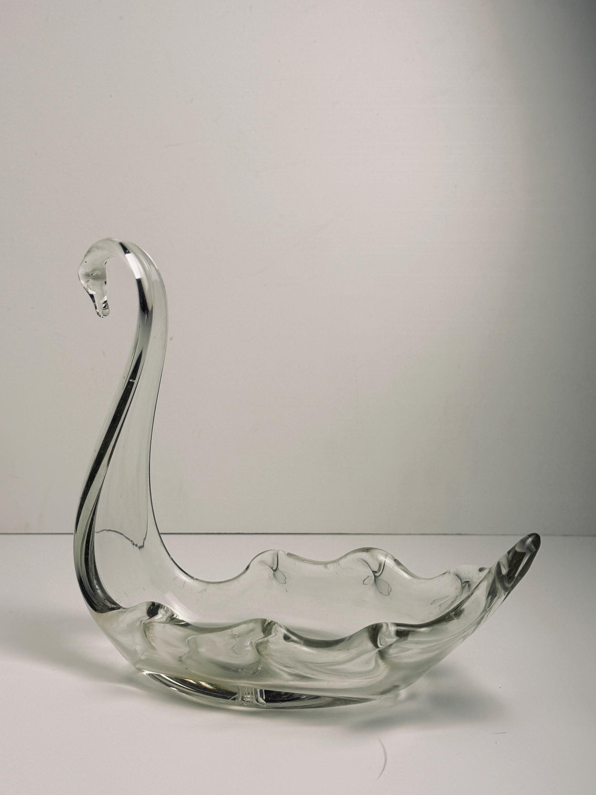 Handblown Clear Glass Swan Bowl, Sculptural Art Glass Dish, Vintage Swan Centerpiece